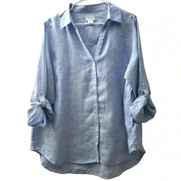 Sigrid Olsen Blue 100% Linen Chambray Button Up Blouse Size 1X #205 - Picture 3 of 8
